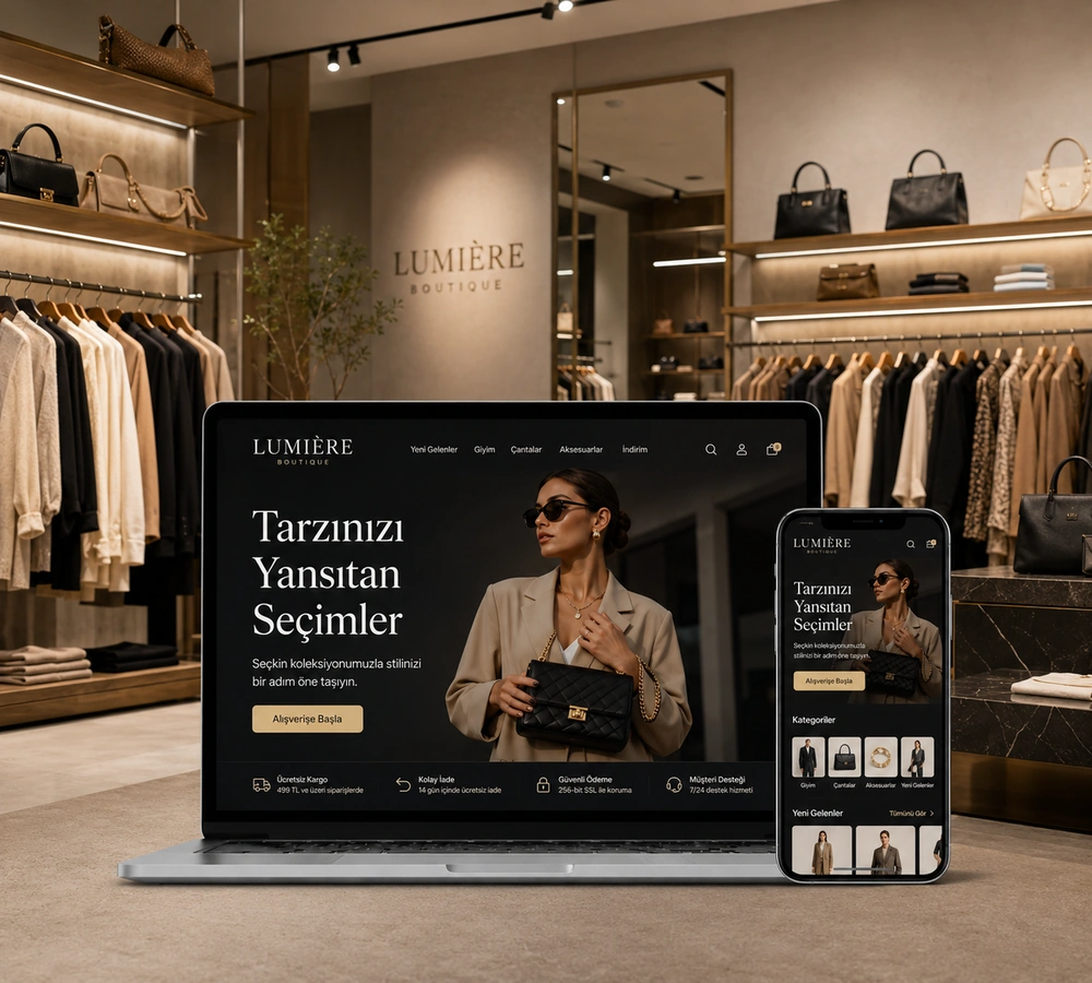Butik e-ticaret sitesinin masaüstü ve mobil cihaz görünümü
